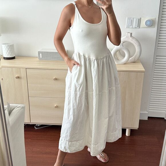 Free People Dylan Midi Dress Womens Medium Boho Poplin Knit Open Back Peasant - Picture 6 of 13